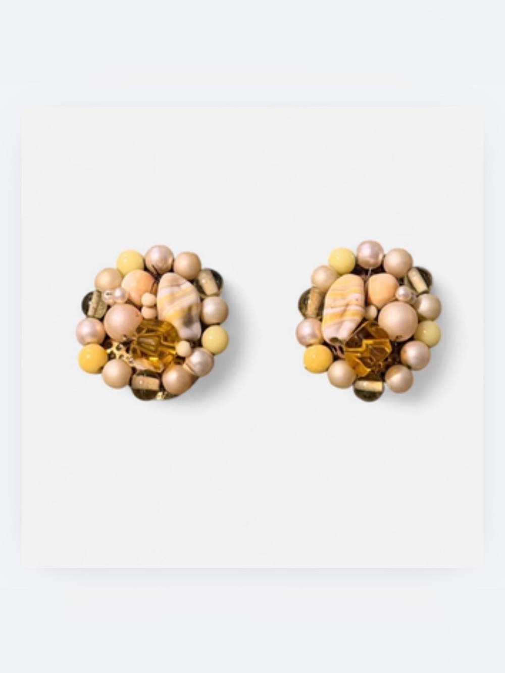 Vintage Beaded Cluster Clip-On Earrings in Amber & Cream Tones
